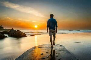 uma homem caminhando em a de praia às pôr do sol. gerado por IA foto