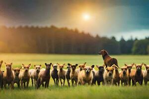 uma rebanho do cavalos e uma cachorro em pé dentro a meio do uma campo. gerado por IA foto