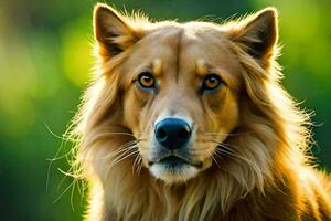 uma dourado cachorro com grandes cabelo em pé dentro a grama. gerado por IA foto