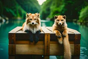 dois raposas sentado em uma de madeira Banco perto uma rio. gerado por IA foto