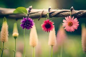 flores suspensão a partir de uma de madeira cerca. gerado por IA foto