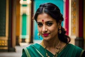 uma mulher dentro uma verde sari com ouro joia. gerado por IA foto