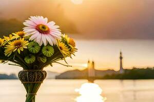 uma vaso com flores em a costa do uma lago. gerado por IA foto