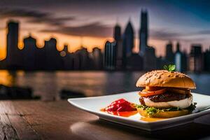 uma hamburguer com tomate e ketchup em uma prato dentro frente do uma cidade Horizonte. gerado por IA foto