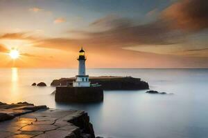 uma farol é visto às pôr do sol dentro a oceano. gerado por IA foto