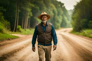 a Mais velho homem vestindo uma chapéu e colete caminhando baixa uma sujeira estrada. gerado por IA foto