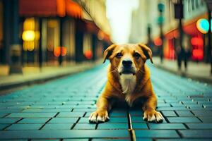 uma cachorro sentado em uma tijolo rua dentro uma cidade. gerado por IA foto