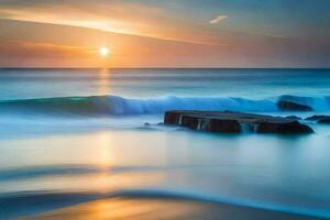 a Sol conjuntos sobre a oceano dentro isto grandes exposição fotografia. gerado por IA foto