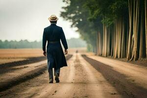 uma homem dentro uma chapéu e casaco caminhando baixa uma sujeira estrada. gerado por IA foto