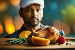 uma homem dentro uma chapéu é segurando uma frango em uma mesa. gerado por IA foto