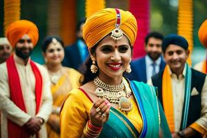 uma lindo indiano noiva dentro uma amarelo turbante. gerado por IA foto