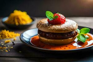 uma Hamburger com molho e uma morango em topo. gerado por IA foto