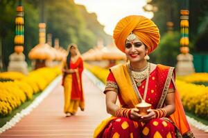 indiano noiva dentro tradicional vestuário sentado em uma caminho. gerado por IA foto