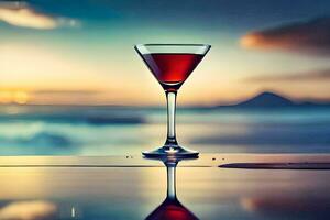 uma vidro do vermelho vinho em uma mesa dentro frente do a oceano. gerado por IA foto