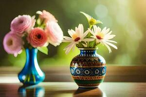 dois vasos com flores em uma mesa. gerado por IA foto