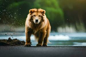 uma leão caminhando em a estrada perto uma rio. gerado por IA foto