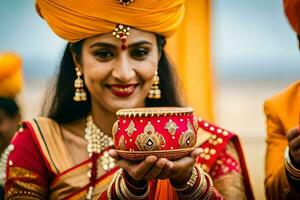 uma lindo indiano noiva dentro uma vermelho turbante segurando uma ouro Panela. gerado por IA foto