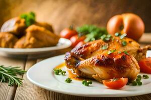 uma prato do frango com tomates e ervas. gerado por IA foto