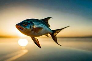 uma peixe é vôo dentro a ar às pôr do sol. gerado por IA foto