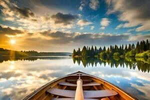 uma barco em a calma lago às pôr do sol. gerado por IA foto