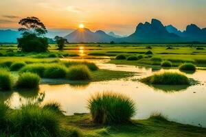 a Sol sobe sobre a montanhas e a gramíneo Campos. gerado por IA foto