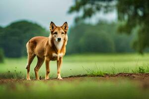 uma cachorro em pé dentro a meio do uma campo. gerado por IA foto