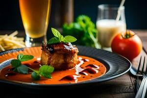 uma prato do Comida com uma molho e uma vidro do cerveja. gerado por IA foto