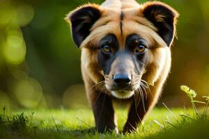 uma cachorro caminhando em a Relva dentro a luz solar. gerado por IA foto