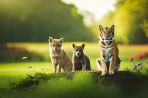 foto papel de parede a animais, natureza, flores, grama, animais, tigres, Raposa, raposas. gerado por IA