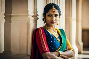 uma mulher dentro uma colorida sari poses para uma retrato. gerado por IA foto