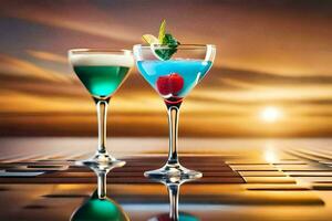 dois óculos do coquetéis com colorida bebidas em uma mesa. gerado por IA foto