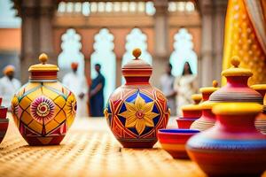 colorida vasos em uma mesa com pessoas dentro a fundo. gerado por IA foto