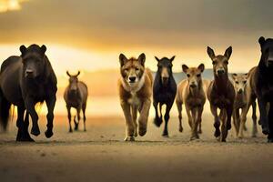 uma grupo do cavalos e uma cachorro corrida junto. gerado por IA foto