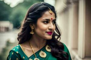 uma lindo indiano mulher vestindo uma verde sári. gerado por IA foto