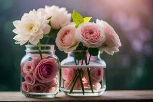 dois vidro frascos preenchidas com Rosa flores gerado por IA foto