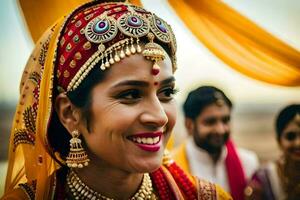 uma sorridente noiva dentro tradicional indiano traje. gerado por IA foto