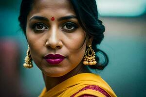 uma mulher dentro uma sari com ouro brincos. gerado por IA foto