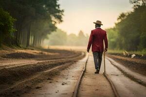 uma homem dentro uma vermelho terno anda em baixa uma sujeira estrada. gerado por IA foto