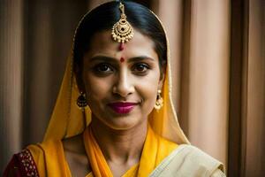 uma mulher dentro uma sari poses para uma retrato. gerado por IA foto