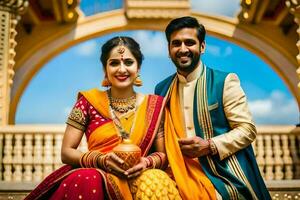 uma lindo casal dentro tradicional indiano traje. gerado por IA foto