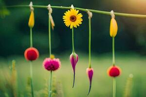 colorida flores suspensão a partir de uma fio dentro uma campo. gerado por IA foto