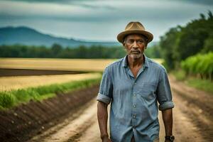 uma homem dentro uma chapéu em pé dentro uma sujeira estrada. gerado por IA foto