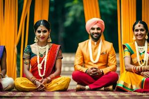 uma grupo do indiano Casamento convidados dentro tradicional traje. gerado por IA foto