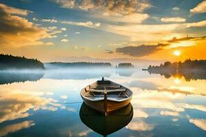 uma barco é flutuando em uma calma lago às pôr do sol. gerado por IA foto