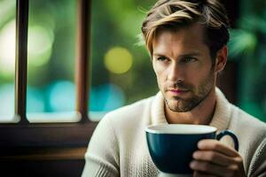 uma homem dentro uma suéter segurando uma copo do café. gerado por IA foto