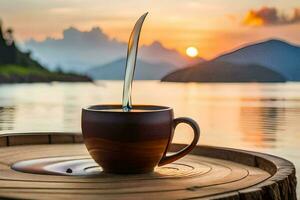 uma copo do café em uma de madeira mesa com uma lago dentro a fundo. gerado por IA foto