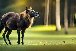 uma GNU em pé dentro a grama. gerado por IA foto