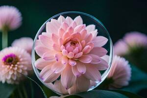 uma Rosa flor é mostrando dentro uma vidro esfera. gerado por IA foto