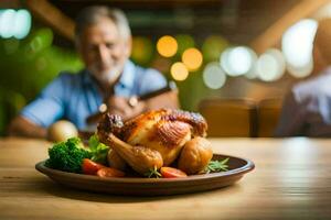 uma homem sentado às uma mesa com uma frango em uma placa. gerado por IA foto