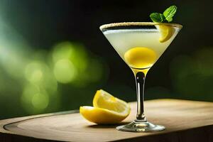 uma martini com limão e hortelã em uma de madeira mesa. gerado por IA foto